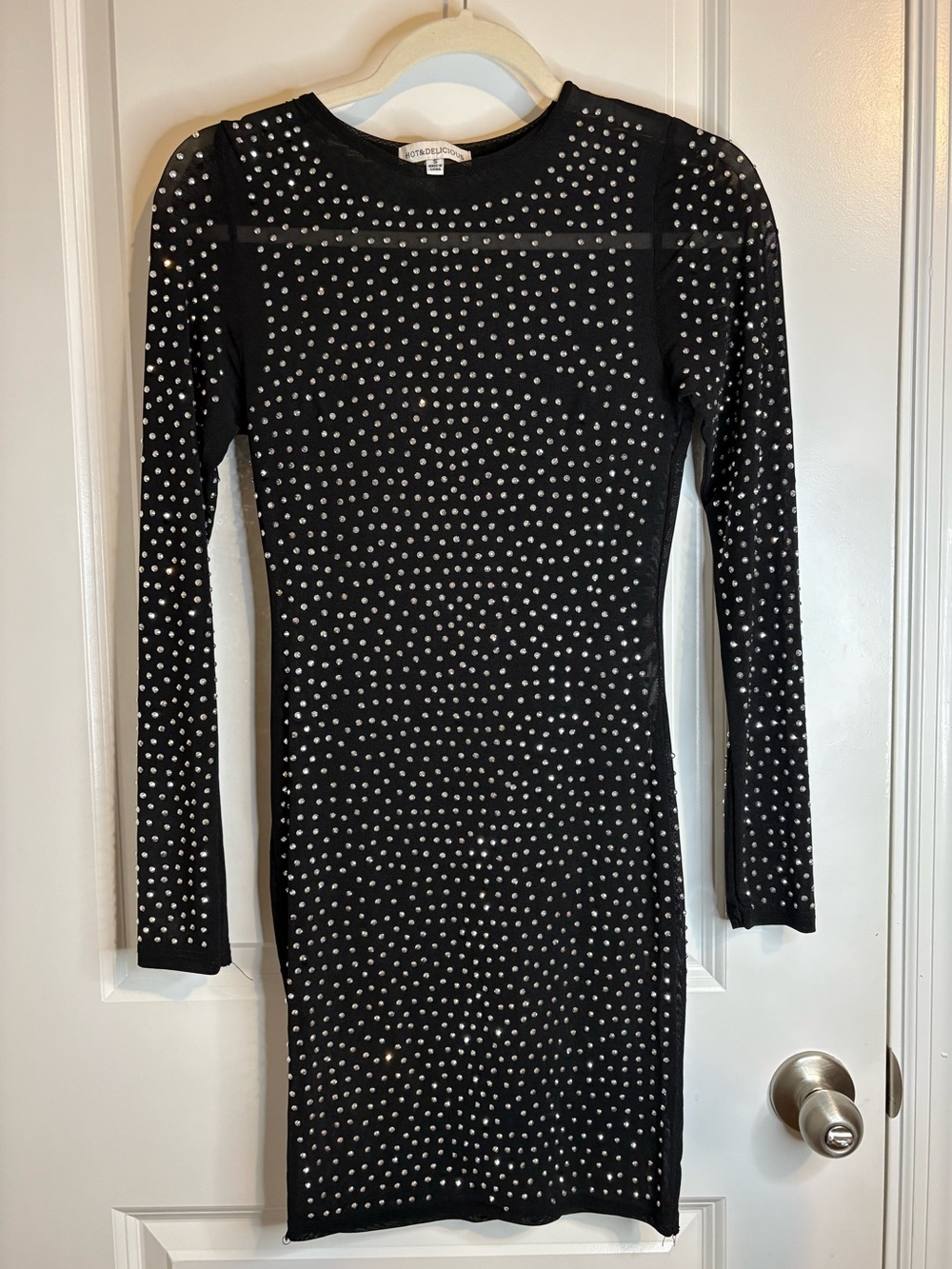 Black Long-Sleeve See-through Rhinestone Bodycon Dress